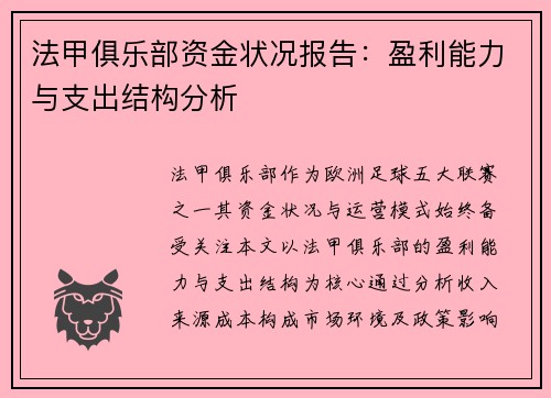 法甲俱乐部资金状况报告：盈利能力与支出结构分析